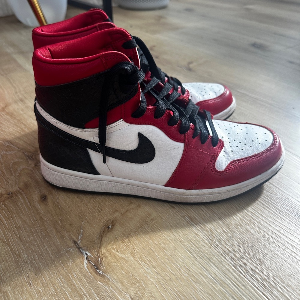 Red/black/white snake print Jordan 1s